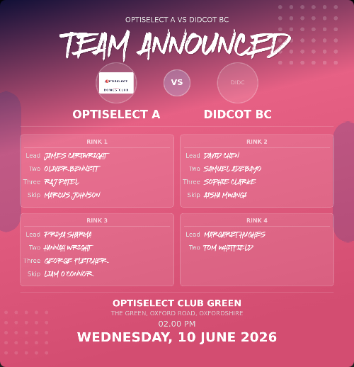 An OptiSelect Team Announced card listing four rinks for a league match